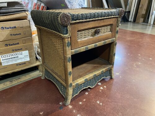 Vintage Green Wicker and Rattan 1-Drawer Nightstand