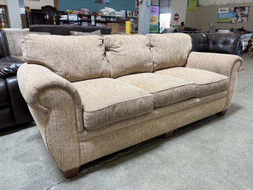 SHERRILL Vintage Roll Arm Sofa with Curved Sides and Multicolor Heathered Beige Upholstery