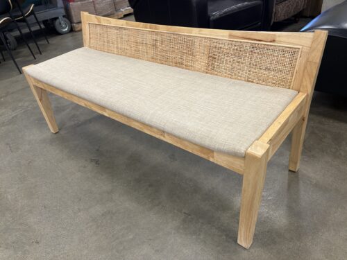 POWELL Light Wood Cane Back Dining Bench with Heathered Beige Cushion