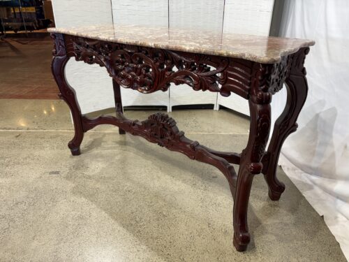 Rococo Style Hand Carved Wood Console with Pink Marble Top