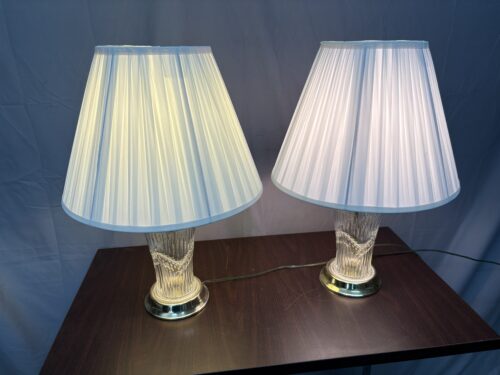 Vintage Ribbed Crystal Table Lamp w/ White Pleated Shade (Set of 2)