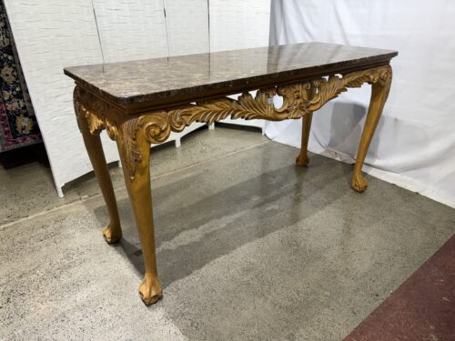 Antiqued Yellow Chippendale Style Carved Wood Console Table with Brown Marble Top