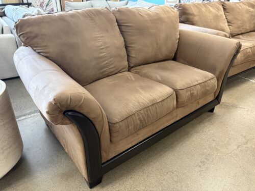 ASHLEY Tan Suede Flare Arm Loveseat w/ Dark Wood Trim