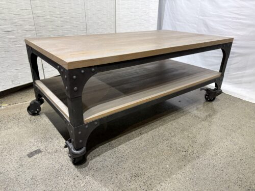 Weathered Gray Industrial Coffee Table with 2-Tier Storage