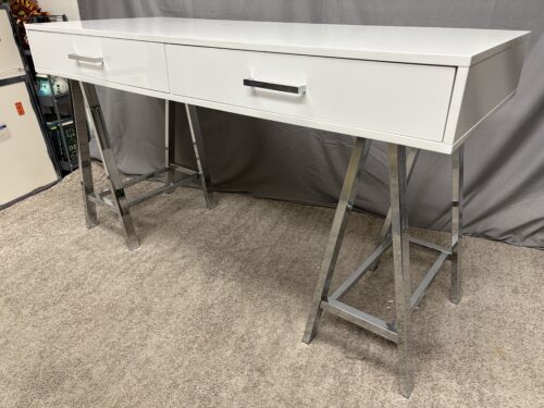 Modern Chrome & White 2-Drawer Desk w/ Triangular Legs
