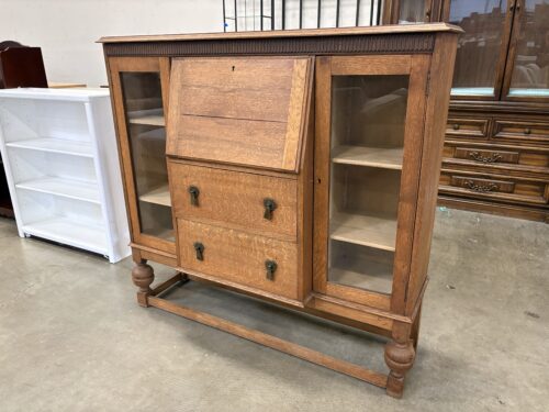 Antique Oak Secretary Desk Hutch with Glass Front Side Cabinets