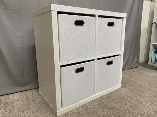 Small White 4-Cubby Storage Shelf w/ Bins