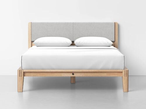 NEW! THUMA Queen Size Classic Bed with Headboard and Cushion in Natural and Fog Grey