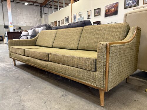 Vintage Mid-Century Modern Green Woven Sofa with Wood Trim and Tapered Legs