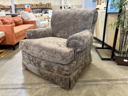 THE BON MARCHE Vintage Brown Crushed Plush Roll Arm Skirted Accent Chair