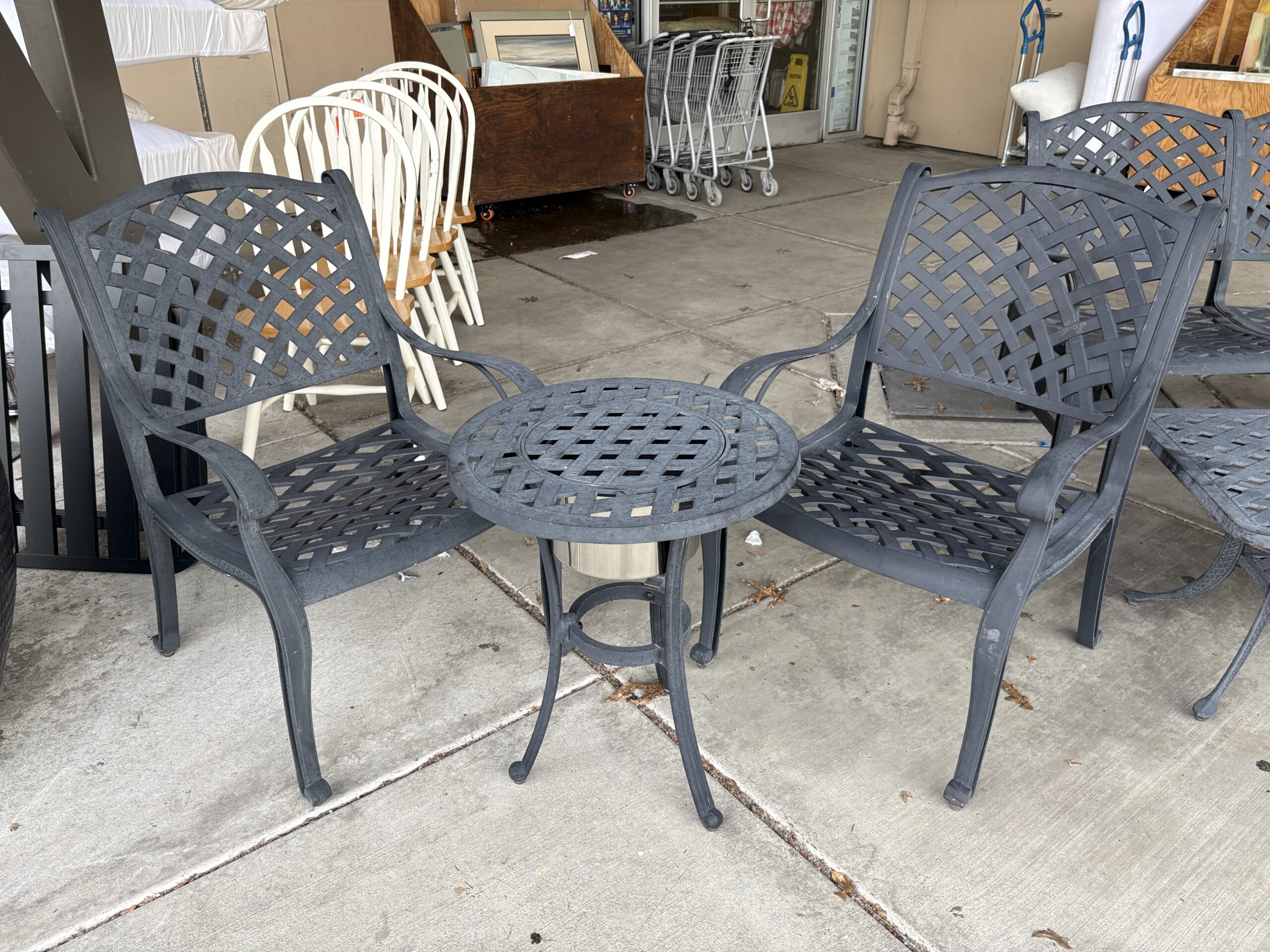 Dark Metal Outdoor Ice Bucket Table w/ 2 Patio Chairs (Set of 3)