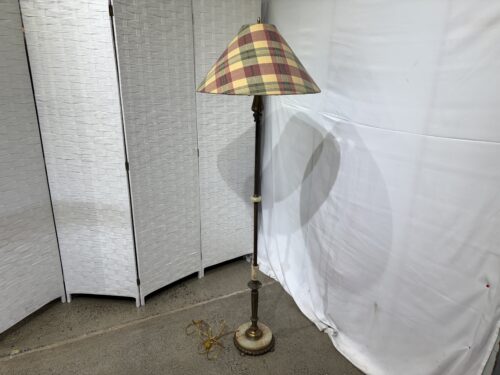 Vintage Brass Floor Lamp with Marble Details and Plaid Lamp Shade