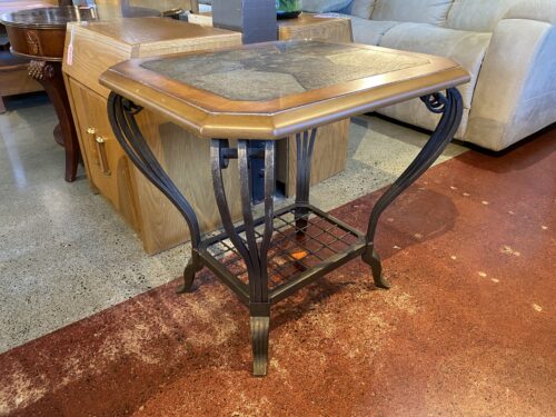 Rectangular Natural Tile Inlay Wrought Iron End Table