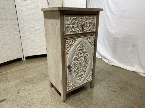 Gray Natrual Wood Accent Cabinet with White Floral Carved Details