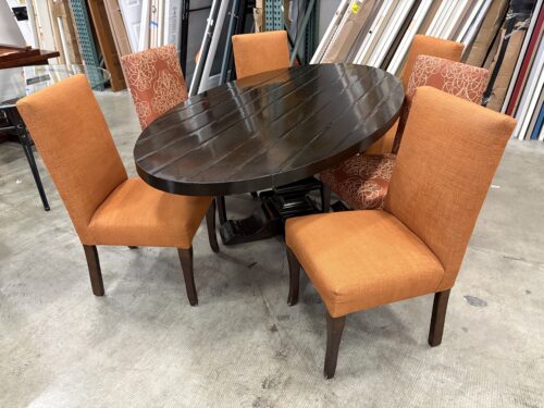 BERNHARDT Dark Finished Oval Dining Table with Pedestal Base and 6 Orange High Back Chairs