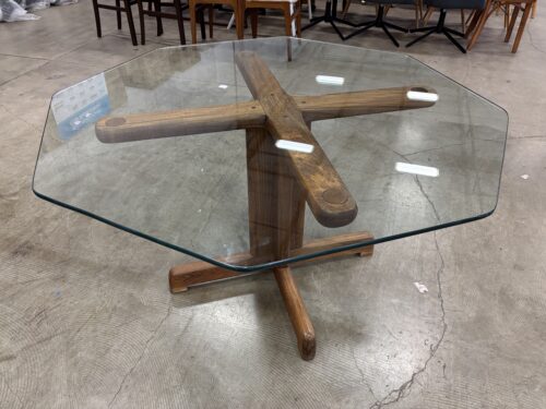 Mid-Century Style Octagonal Glass Top Dining Table with Wooden Pedestal Base