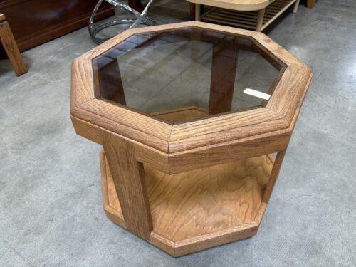 Vintage Octagonal Wooden 2 Tier End Table with Smoked Glass Insert Top