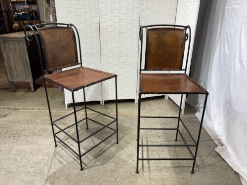 Vintage Spanish-Style Wrought Iron and Stitched Full-Grain Leather Bar Stool (Set of 2)