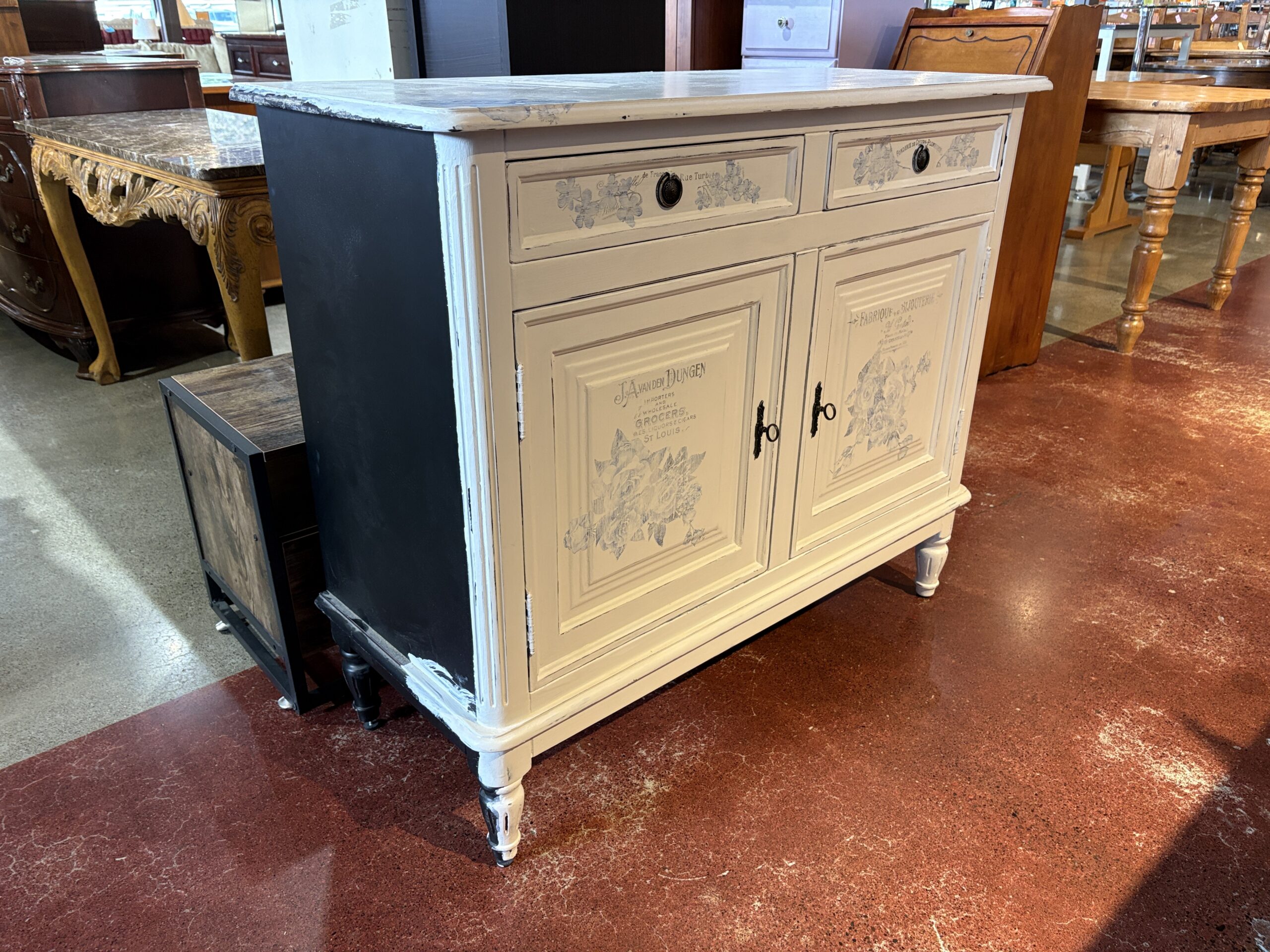 Black and White Two-Tone Buffet with Hand-Painted Floral Design