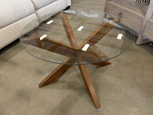 Contemporary Petite Wooden Starburst Pedestal Coffee Table with Round Glass Top