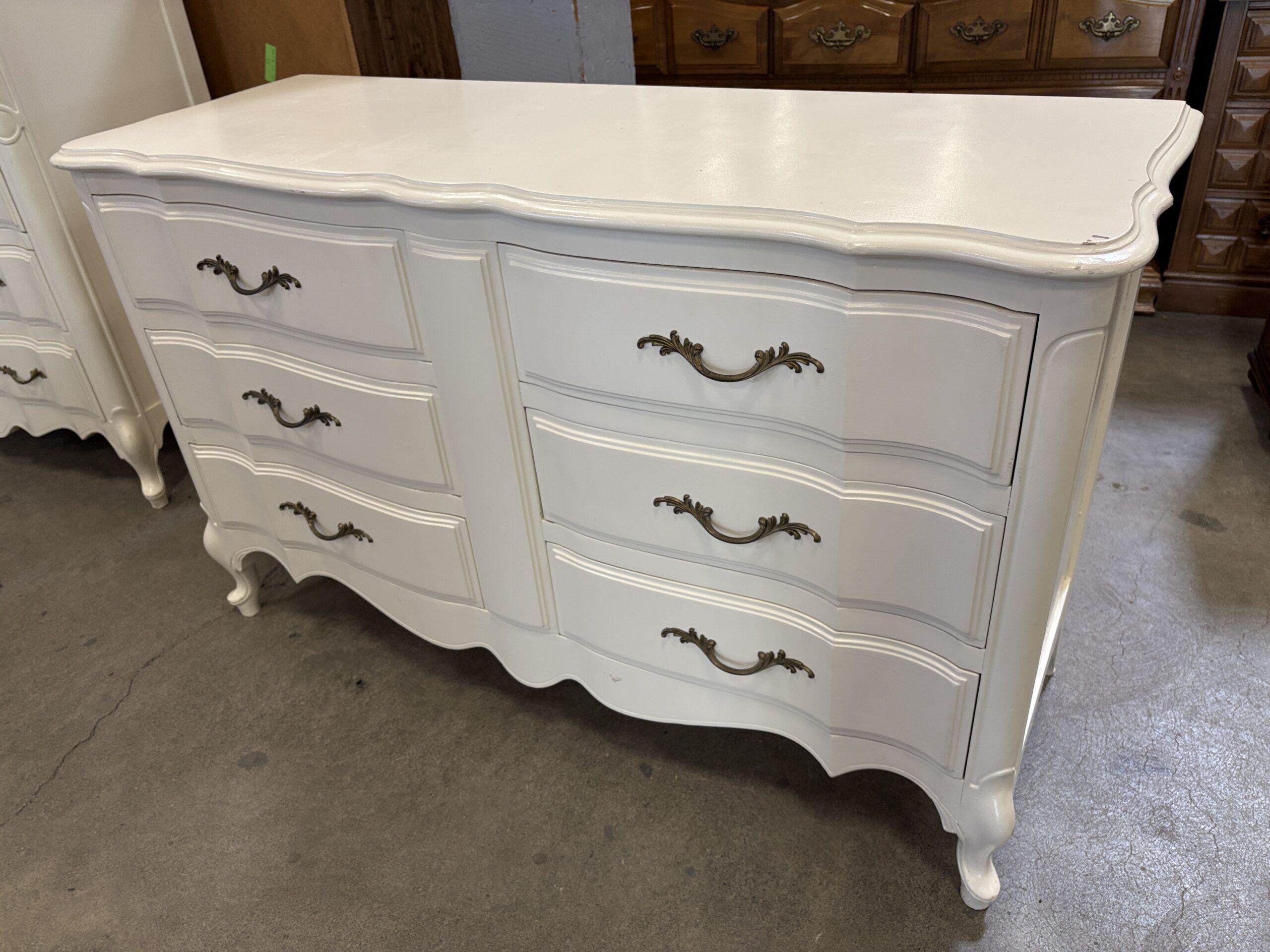 HICKORY MAUNUFACTURING Vintage French Provincial Ivory 6 Drawer Lowboy Dresser with Decorative Brass Pulls | Habitat Stores Seattle-King County Washington HICKORY MAUNUFACTURING Vintage French Provincial Ivory 6 Drawer Lowboy Dresser with Decorative Brass Pulls | Habitat Stores Seattle-King County Washington