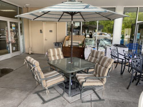 Outdoor Glass & Metal Table Set w/ Striped Umbrella & 4 Cushioned Chairs (Set of 6)