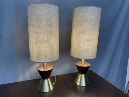 Wood & Brass Hourglass Table Lamps w/ Woven Cylinder Shades (Set of 2)