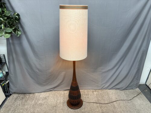 Vintage Wood Tear Drop Floor Lamp w/ Wheat Fabric Drum Shade