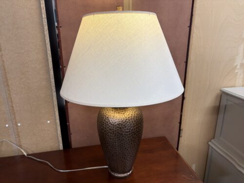 Hammered Bronze Jar Table Lamp w/ White Fabric Shade