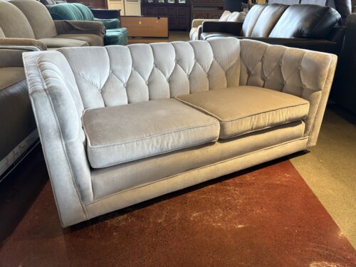 Silver Velvet Button Tufted Loveseat with Squared Off Back