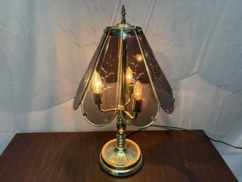 Vintage Brass Base & Etched Smoked Glass 3-Way Touch Table Lamp