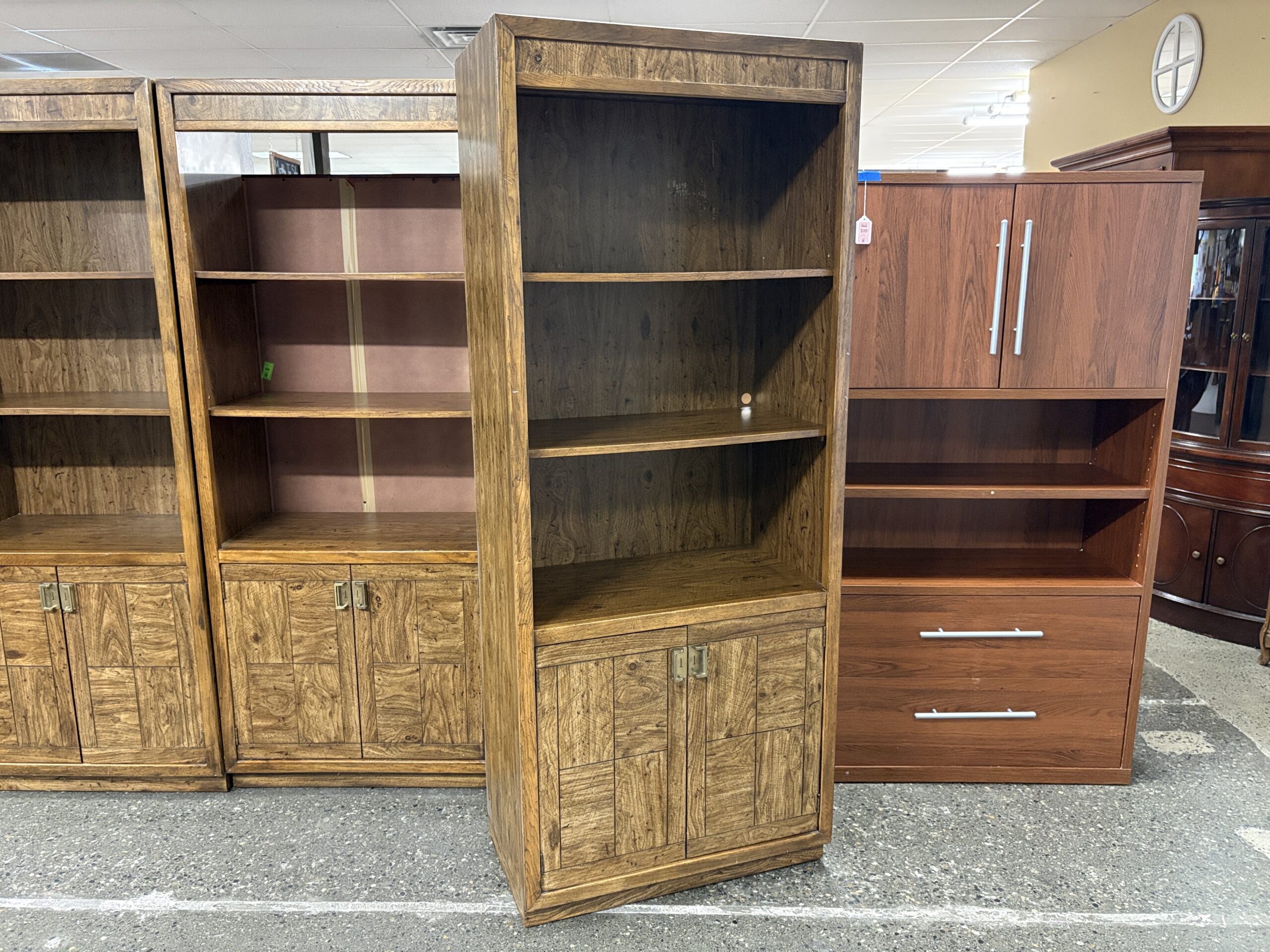 DREXEL Vintage Nutmeg Campaign Style 3-Shelf Bookcase w/ Bottom Cabinet