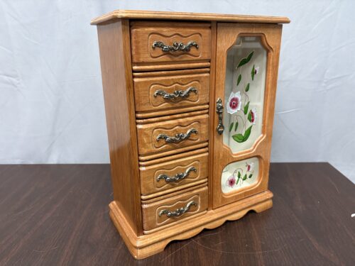 Natural Oak Finish Armoire Style Jewelry Box w/ Floral Stained Glass Door