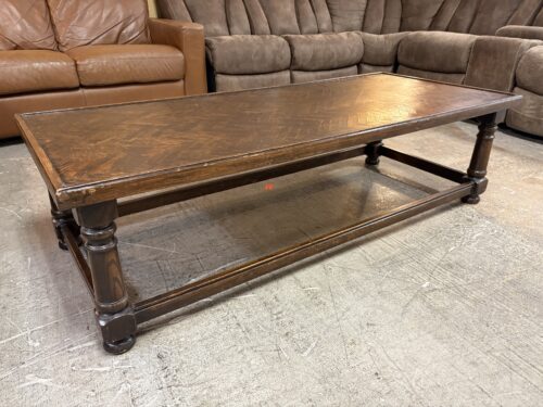 Dark Wood Turned Leg Coffee Table w/ Herringbone Top