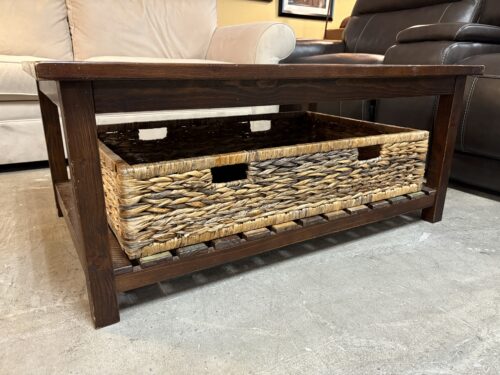 ASHLEY Dark Rustic Cocktail Table w/ Multi Colored Slats & Wicker Basket