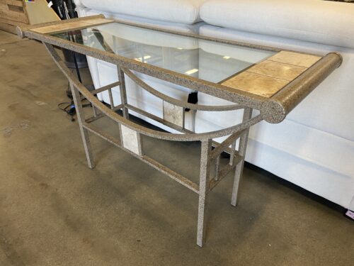 Modern Abstract Metal Console Table with Glass Top and Tiled Panels
