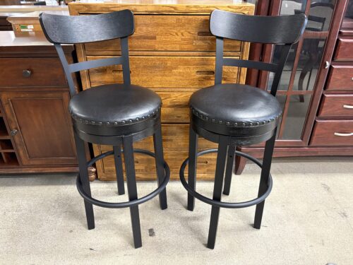 ASHLEY Valeback Black Upholstered Swivel Bar Stools w/ Nailhead Trim (Set of 2)