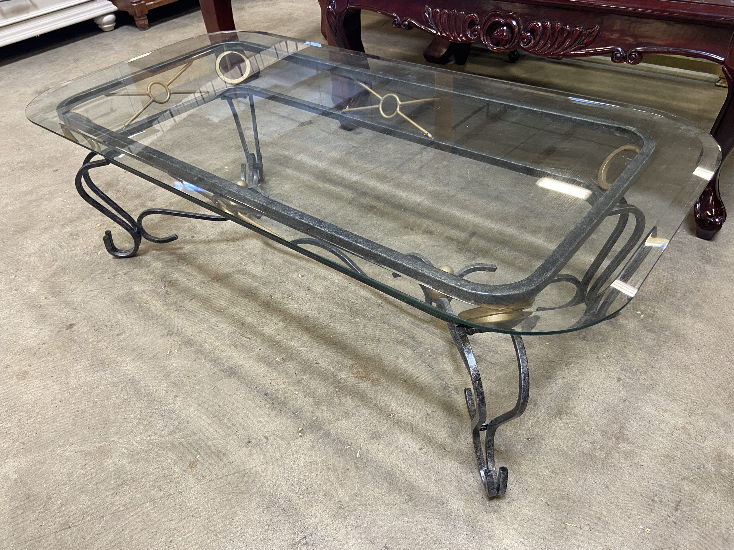 Vintage Wrought Iron and Brass Coffee Table with Glass Top