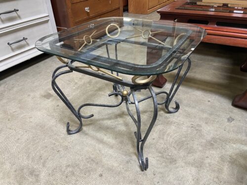 Vintage Wrought Iron and Brass Accent Table with Glass Top