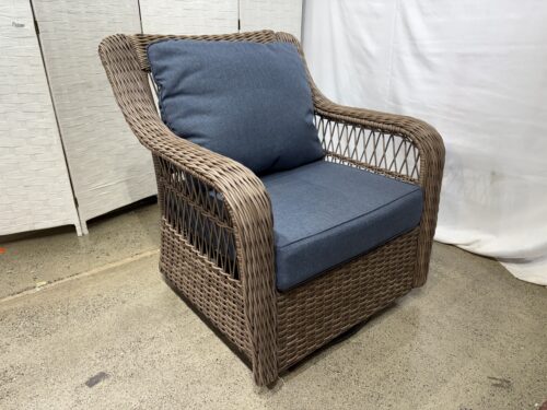 NEW! Light Brown Rocking Swivel Outdoor Patio Chair with Navy Blue Cushions