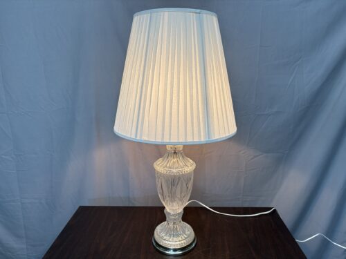 Vintage Cut Crystal Brass Base Table Lamp w/ White Pleated Shade