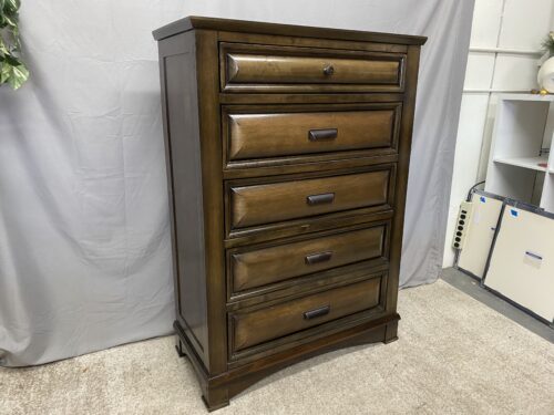 Dark Wooden Veneer Wrapped 5-Drawer Tallboy Dresser