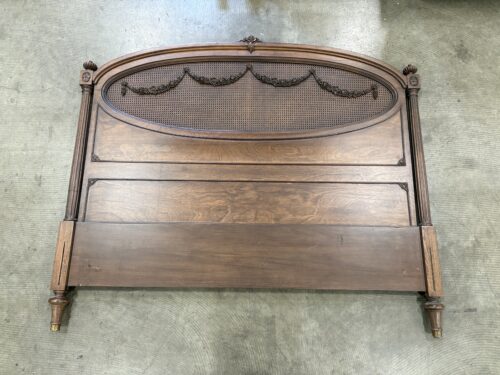 Antique Walnut Finished Louis XVI Style Full Size Bed Frame with Carved Florals and Cane Panels