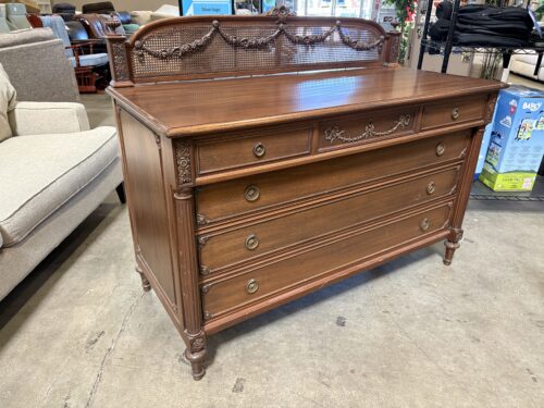 Antique Walnut Finished Louis XVI Style 6 Drawer Dresser with Carved Florals and Cane Panels