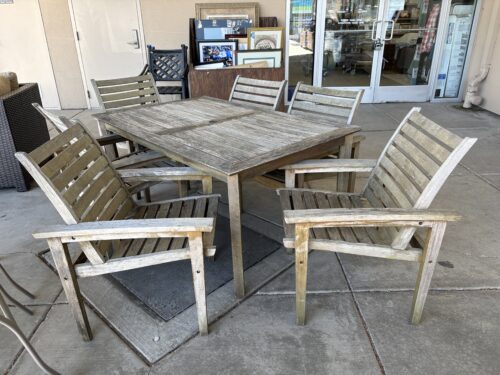Outdoor Weathered Teak Umbrella Table w/ 6 Arm Chairs