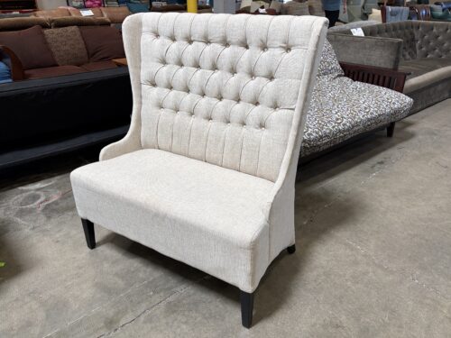 Heathered Oatmeal Button Tufted High Back Settee with Sloped Silhouette