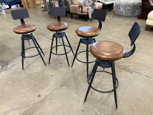 Industrial Black Metal Swivel Barstool with Caramel Leather Seat (Set of 4)