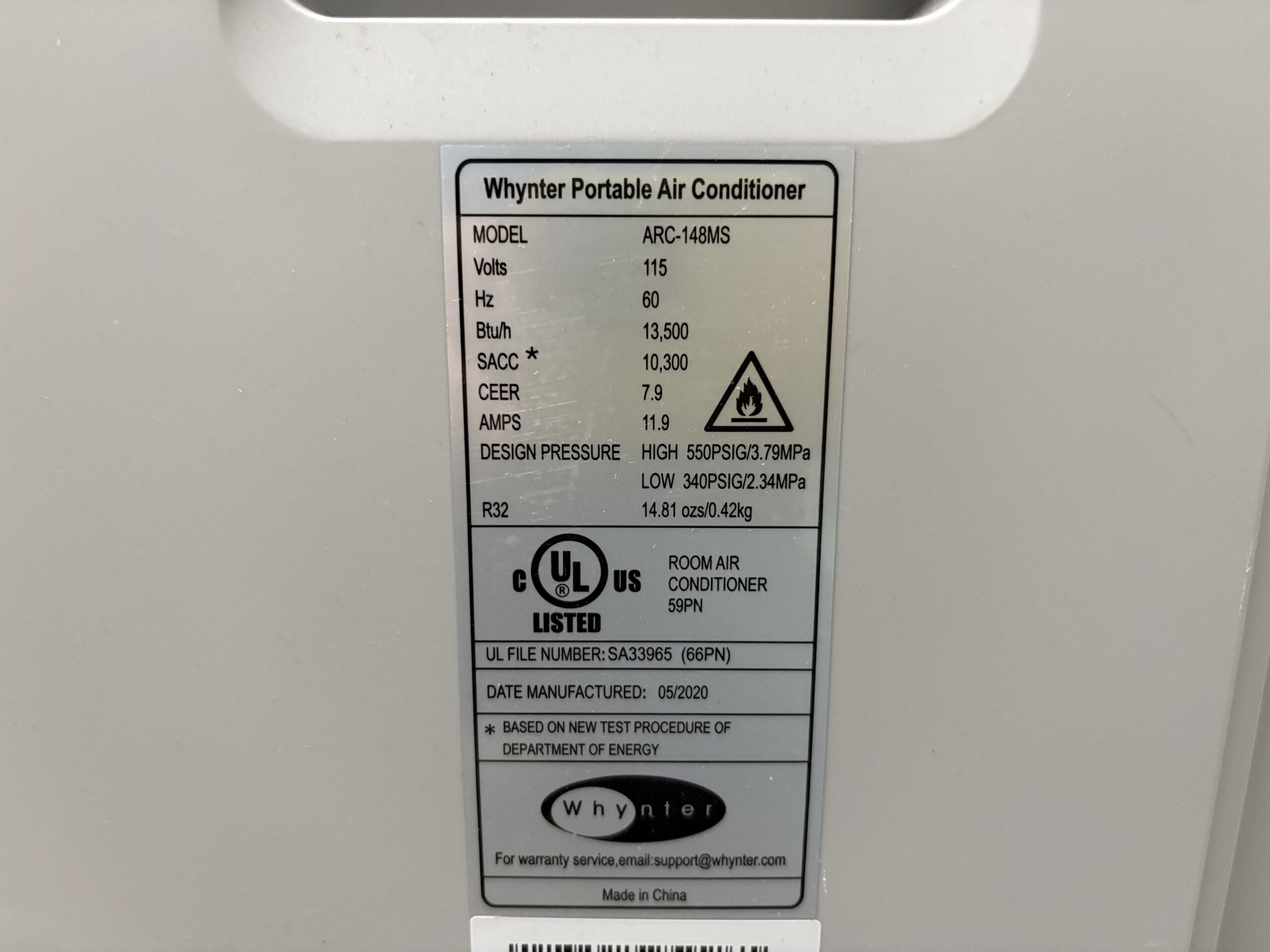 WHYNTER 14000 BTU Portable Air Conditioner Model # ARC-148MS