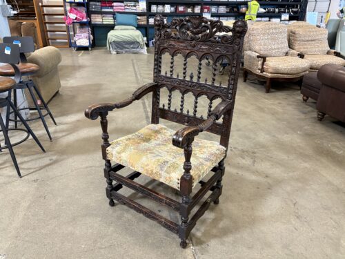 Antique Oak Throne Chair with Twisted Spindles and Intricate North Wind Face Carvings