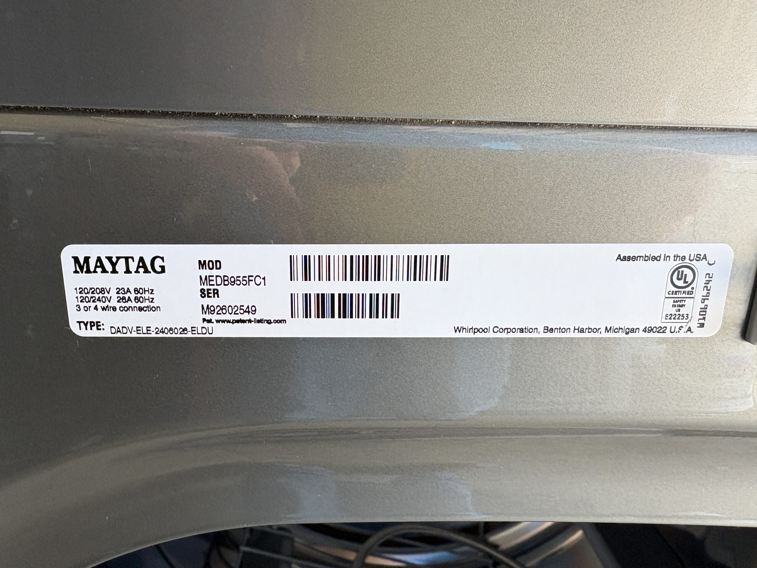 MAYTAG 9.2 cu.ft. Steam Cycle Electric Dryer Model # MEDB955FC